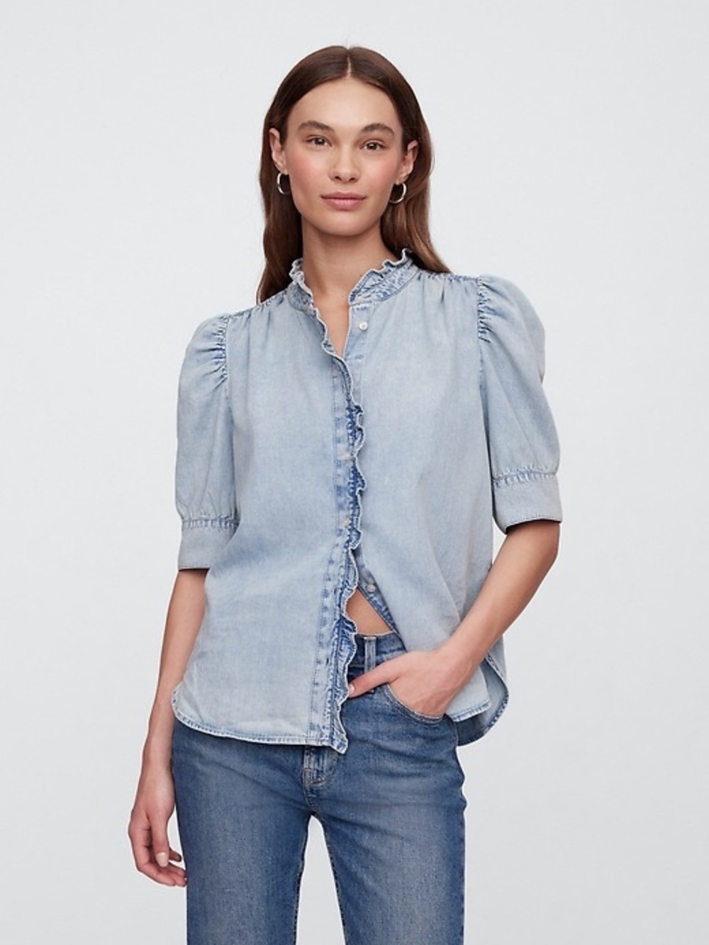 Gap Puff Sleeve Denim Shirt Size Medium